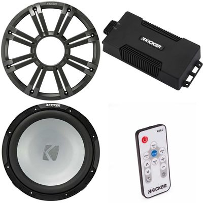 Kicker 48PXA6001 Weatherproof Powersport Mono Amp & 12" 2 Ohm Free-Air Marine Subwoofer (Charcoal Grill) Includes LED Remote