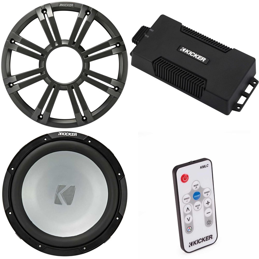 Kicker 48PXA6001 Weatherproof Powersport Mono Amp & 12" 2 Ohm Free-Air Marine Subwoofer (Charcoal Grill) Includes LED Remote