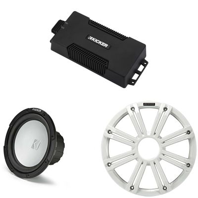Kicker 48PXA6001 Weatherproof Powersport Mono Amp & 10" 2 Ohm Free-Air Marine Subwoofer (White Grill)