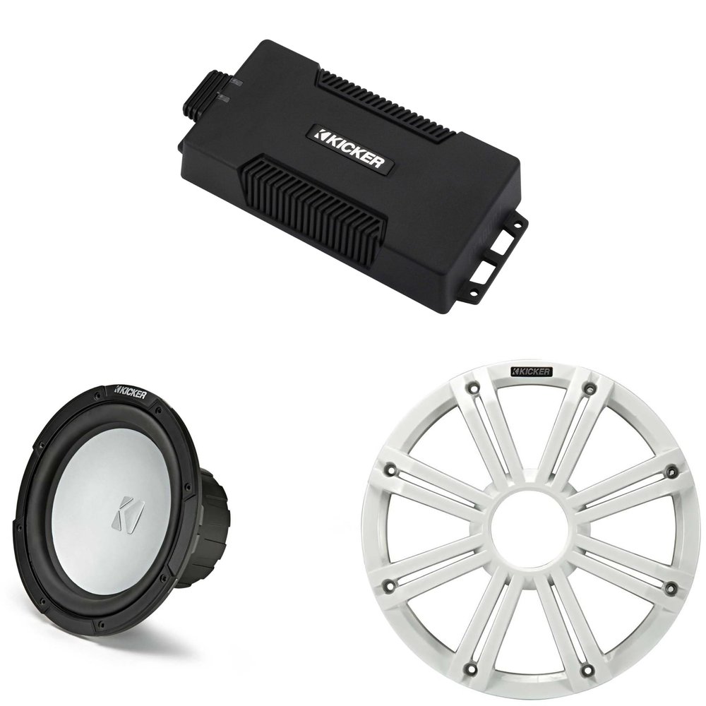Kicker 48PXA6001 Weatherproof Powersport Mono Amp & 10" 2 Ohm Free-Air Marine Subwoofer (White Grill)