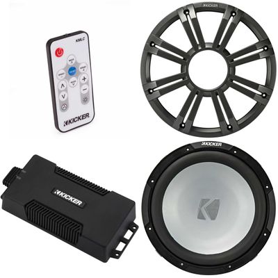 Kicker 48PXA6001 Weatherproof Powersport Mono Amp & 12" 4 Ohm Free-Air Marine Subwoofer (Charcoal Grill) Includes LED Remote