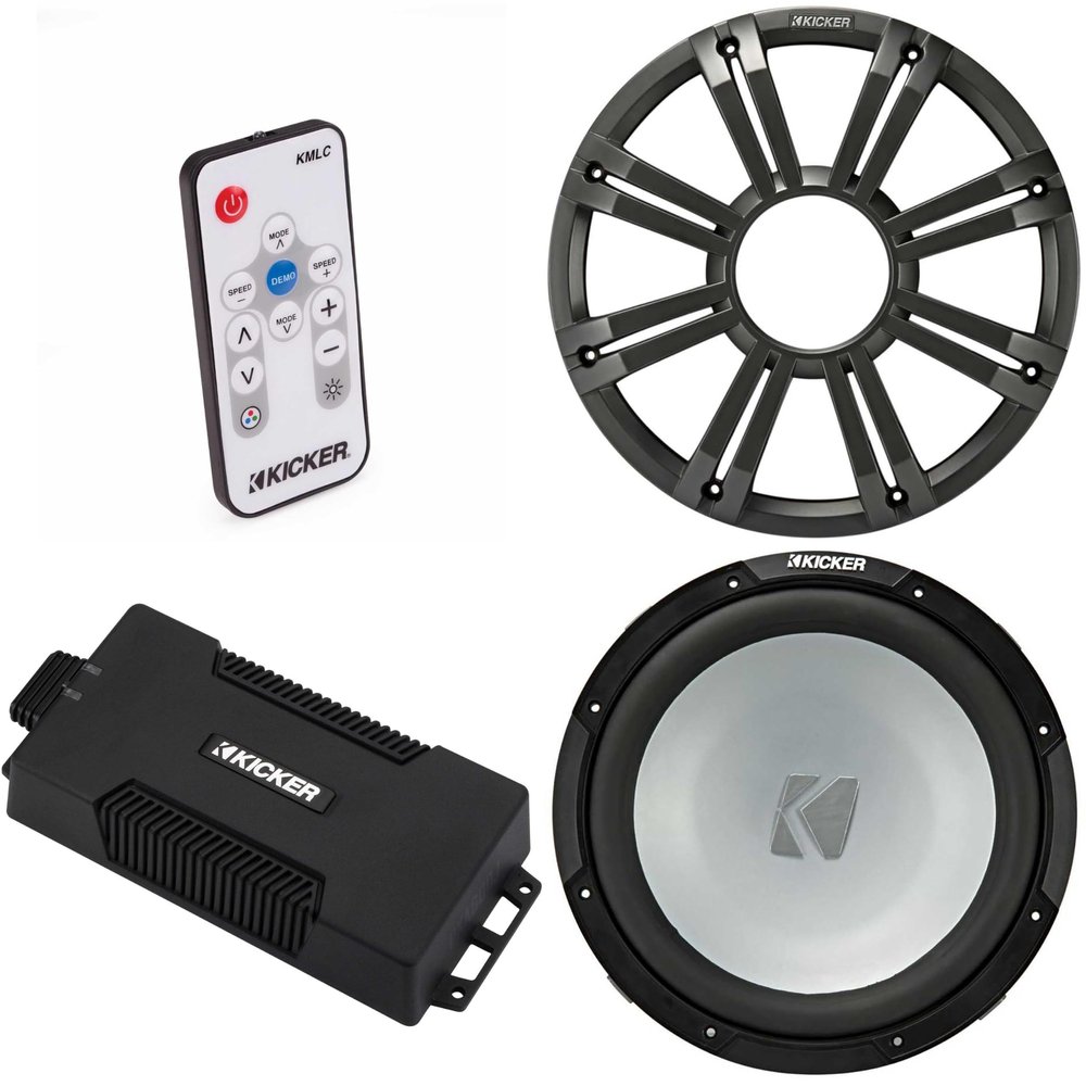 Kicker 48PXA6001 Weatherproof Powersport Mono Amp & 12" 4 Ohm Free-Air Marine Subwoofer (Charcoal Grill) Includes LED Remote