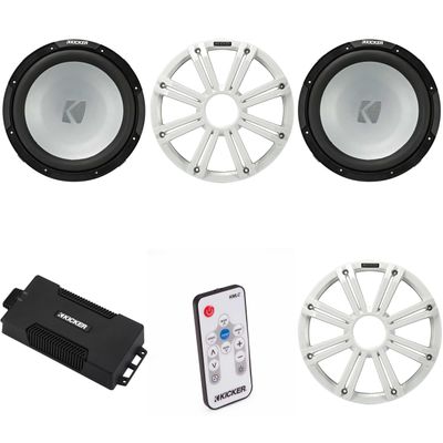 KICKER 48PXA6001 Weatherproof Powersport Mono Amp & (2) 12" 4 Ohm Marine Subwoofer (White Grill) Includes LED Remote