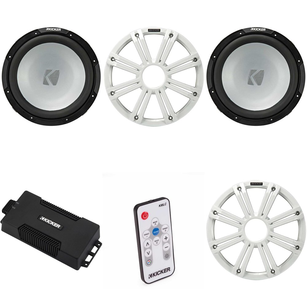 KICKER 48PXA6001 Weatherproof Powersport Mono Amp & (2) 12" 4 Ohm Marine Subwoofer (White Grill) Includes LED Remote