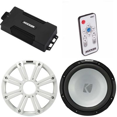 Kicker 48PXA6001 Weatherproof Powersport Mono Amp & 12" 2 Ohm Free-Air Marine Subwoofer (White Grill) Includes LED Remote