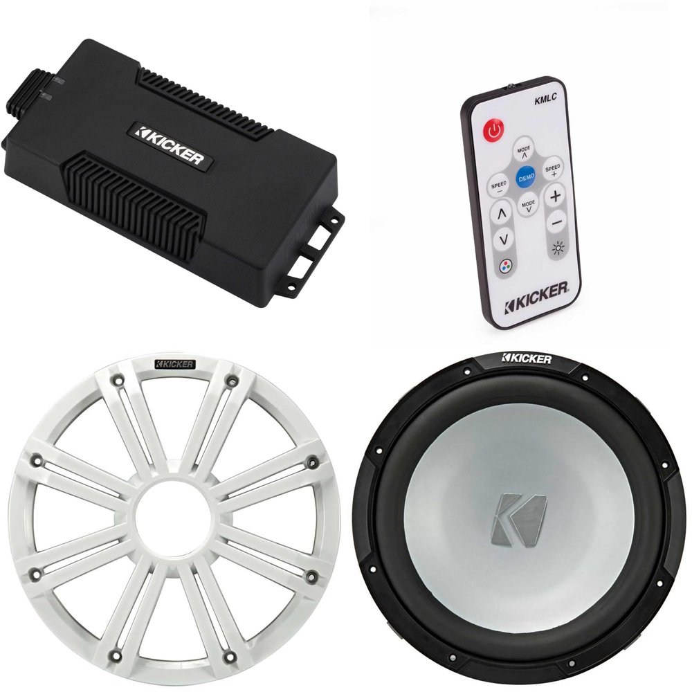 Kicker 48PXA6001 Weatherproof Powersport Mono Amp & 12" 2 Ohm Free-Air Marine Subwoofer (White Grill) Includes LED Remote