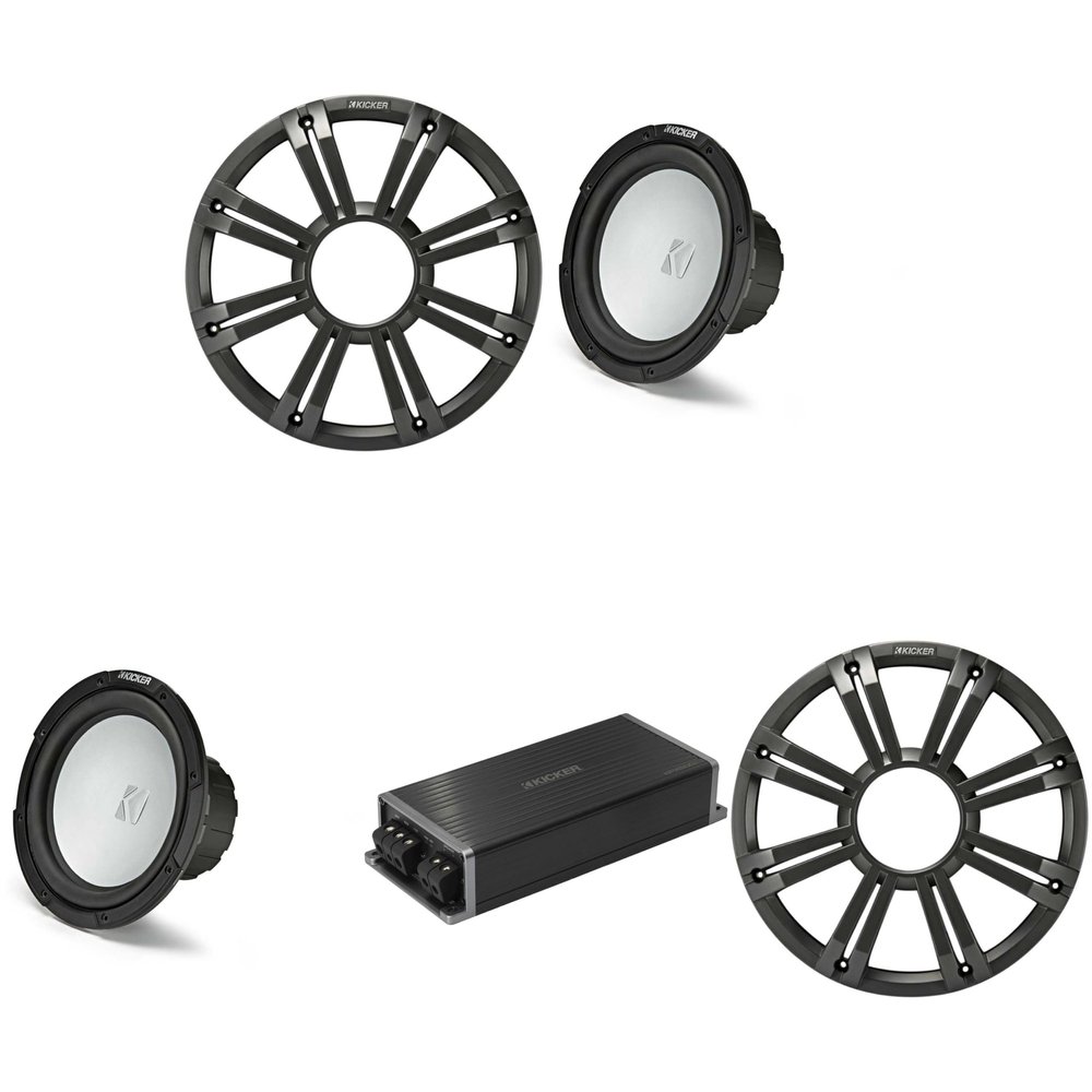 KICKER Marine KPX500.1 Powersports Amp & (2) 10" 4 Ohm (Charcoal Grill) Subwoofer Audio Upgrade