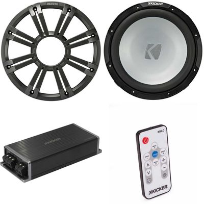 Kicker Marine KPX500.1 Powersports Amp & 12" Free Air 2 Ohm (Charcoal Grill) Subwoofer Audio Upgrade, Includes LED Remote
