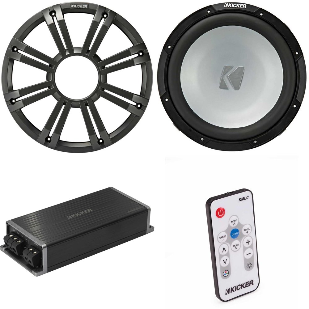 Kicker Marine KPX500.1 Powersports Amp & 12" Free Air 2 Ohm (Charcoal Grill) Subwoofer Audio Upgrade, Includes LED Remote