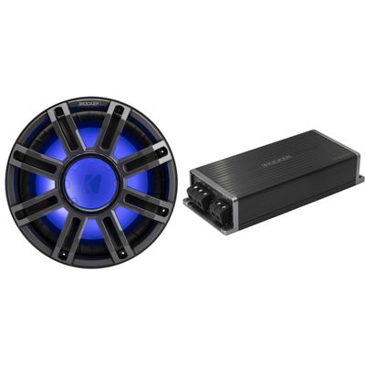 Kicker Marine KPX500.1 Powersports Amp & 12" 4 Ohm Premium Marine Free-Air Subwoofer (Charcoal Grill)