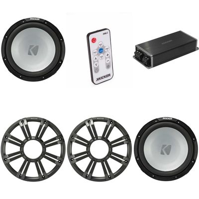 KICKER Marine KPX500.1 Powersports Amp & (2) 12" Free Air 4 Ohm (Charcoal Grill) Subwoofer Audio Upgrade, Includes LED Remote