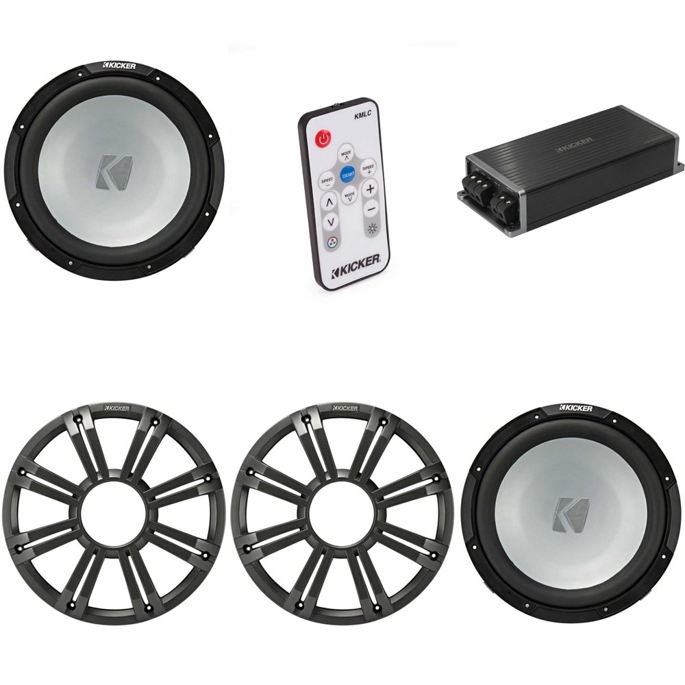 KICKER Marine KPX500.1 Powersports Amp & (2) 12" Free Air 4 Ohm (Charcoal Grill) Subwoofer Audio Upgrade, Includes LED Remote