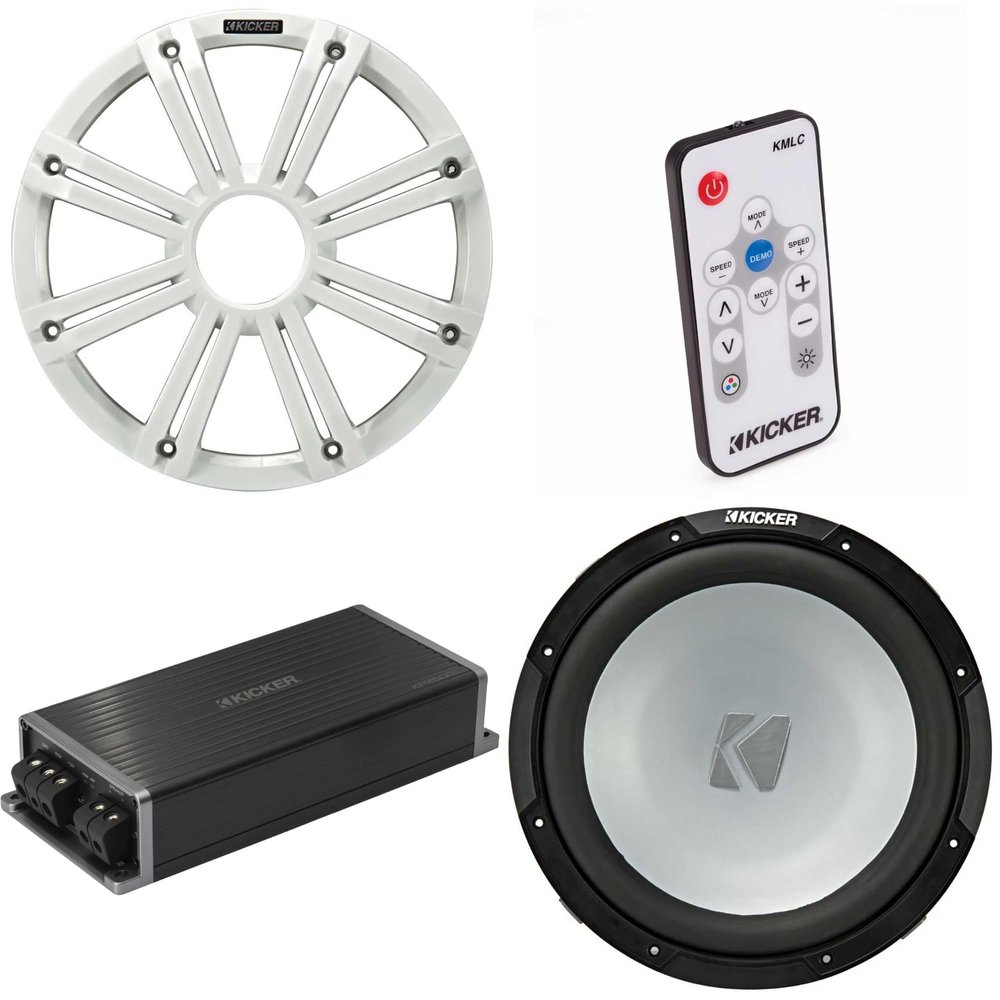 Kicker Marine KPX500.1 Powersports Amp & 12" 2 Ohm (White Grill) Subwoofer Audio Upgrade, Includes LED Remote