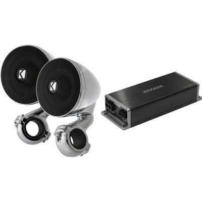 KICKER Marine KPX300.4 Powersports & Motorcycle Amp & 3" Chrome Enclosed Speakers (4 Ohm)