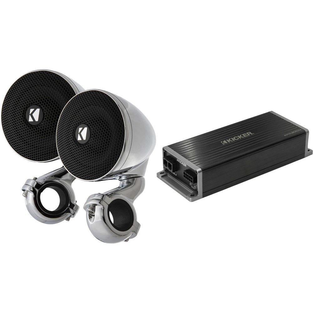 KICKER Marine KPX300.4 Powersports & Motorcycle Amp & 3" Chrome Enclosed Speakers (4 Ohm)