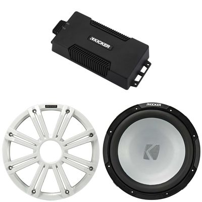 Kicker 48PXA6001 Weatherproof Powersport Mono Amp & 12" 2 Ohm Marine Subwoofer (White Grill)