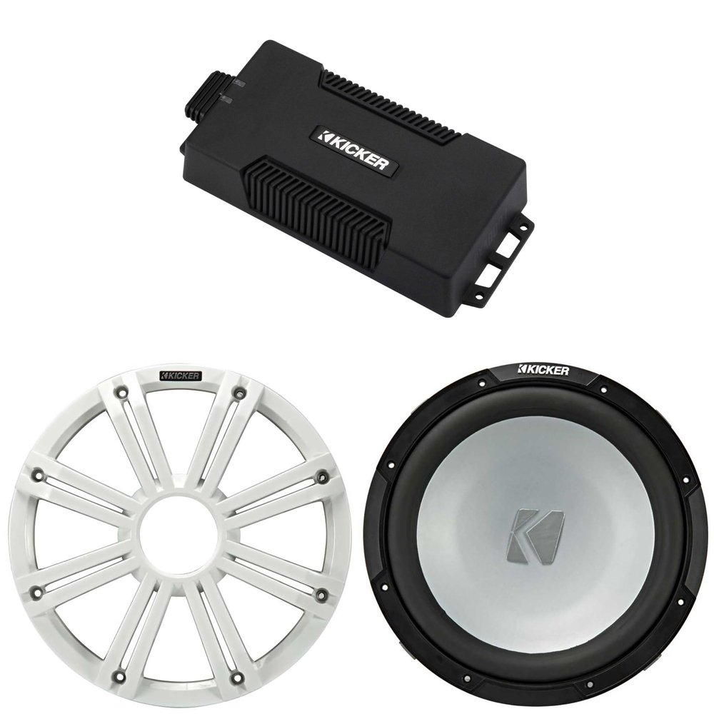 Kicker 48PXA6001 Weatherproof Powersport Mono Amp & 12" 2 Ohm Marine Subwoofer (White Grill)