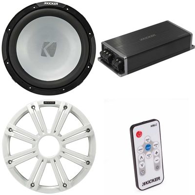 Kicker Marine KPX500.1 Powersports Amp & 12" Free Air 4 Ohm (White Grill) Subwoofer Audio Upgrade, Includes LED Remote