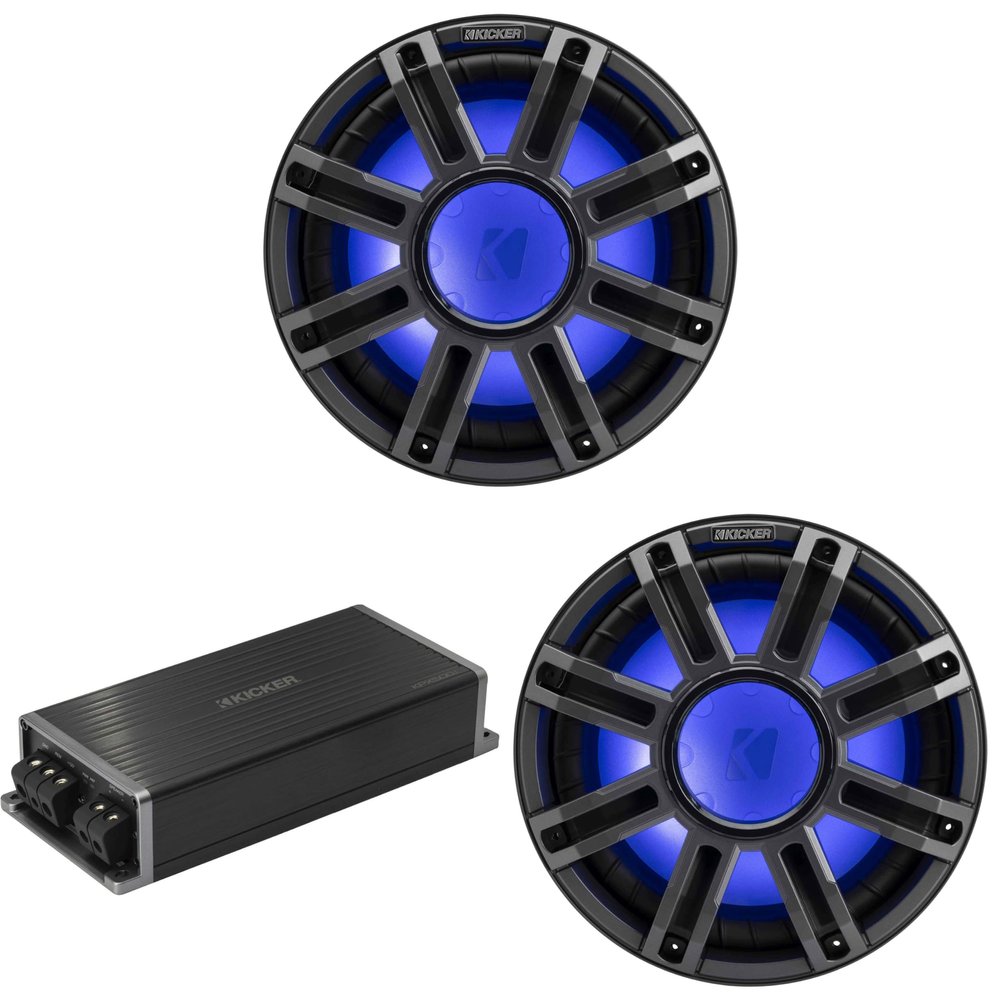 Kicker Marine KPX500.1 Powersports Amp & (2) 12" 4 Ohm Premium Marine Free-Air Subwoofer (Charcoal Grill)