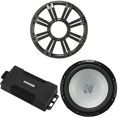 Kicker 48PXA6001 Mono Amp 12" 4 Ohm Marine Subwoofer Bundle - Charcoal