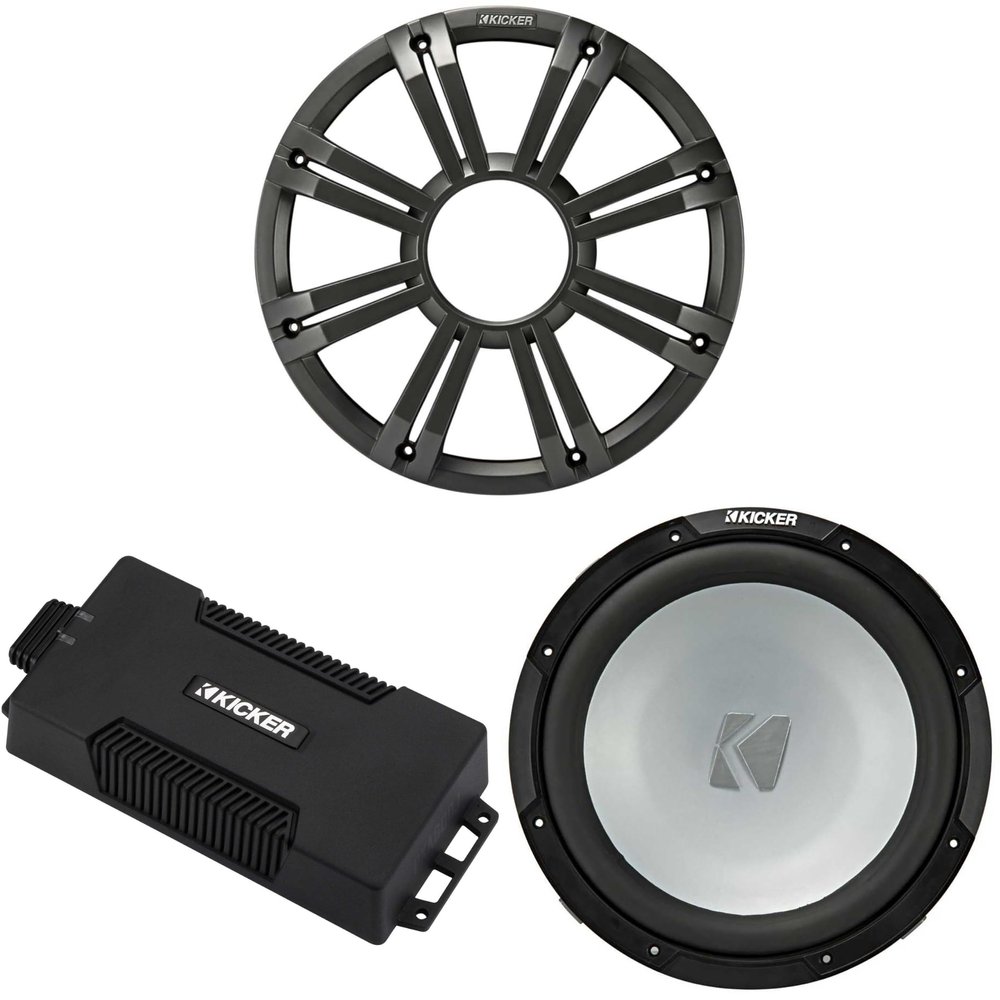 Kicker 48PXA6001 Mono Amp 12" 4 Ohm Marine Subwoofer Bundle - Charcoal