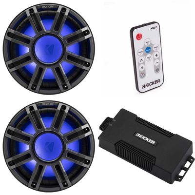 Kicker 48PXA6001 Weatherproof Powersport Mono Amp & (2) 12" 4 Ohm Premium Marine Free-Air Subwoofer (Charcoal Grill) Includes LED Remote