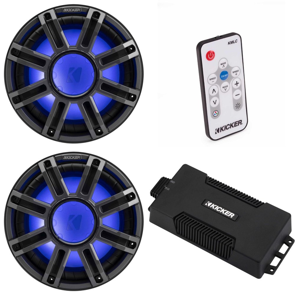 Kicker 48PXA6001 Weatherproof Powersport Mono Amp & (2) 12" 4 Ohm Premium Marine Free-Air Subwoofer (Charcoal Grill) Includes LED Remote