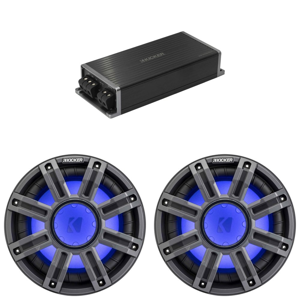 Kicker Marine KPX500.1 Powersports Amp & (2) 10" 4 Ohm Premium Marine Free-Air Subwoofer (Charcoal Grill)