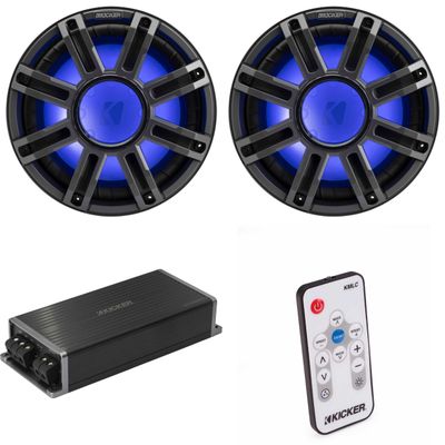 Kicker Marine KPX500.1 Powersports Amp & (2) 12" 4 Ohm Premium Marine Free-Air Subwoofer (Charcoal Grill) Includes LED Remote