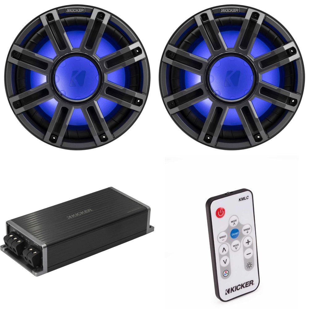 Kicker Marine KPX500.1 Powersports Amp & (2) 12" 4 Ohm Premium Marine Free-Air Subwoofer (Charcoal Grill) Includes LED Remote