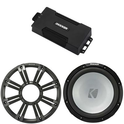 Kicker 48PXA6001 Weatherproof Powersport Mono Amp & 12" 2 Ohm Free-Air Marine Subwoofer (Charcoal Grill)