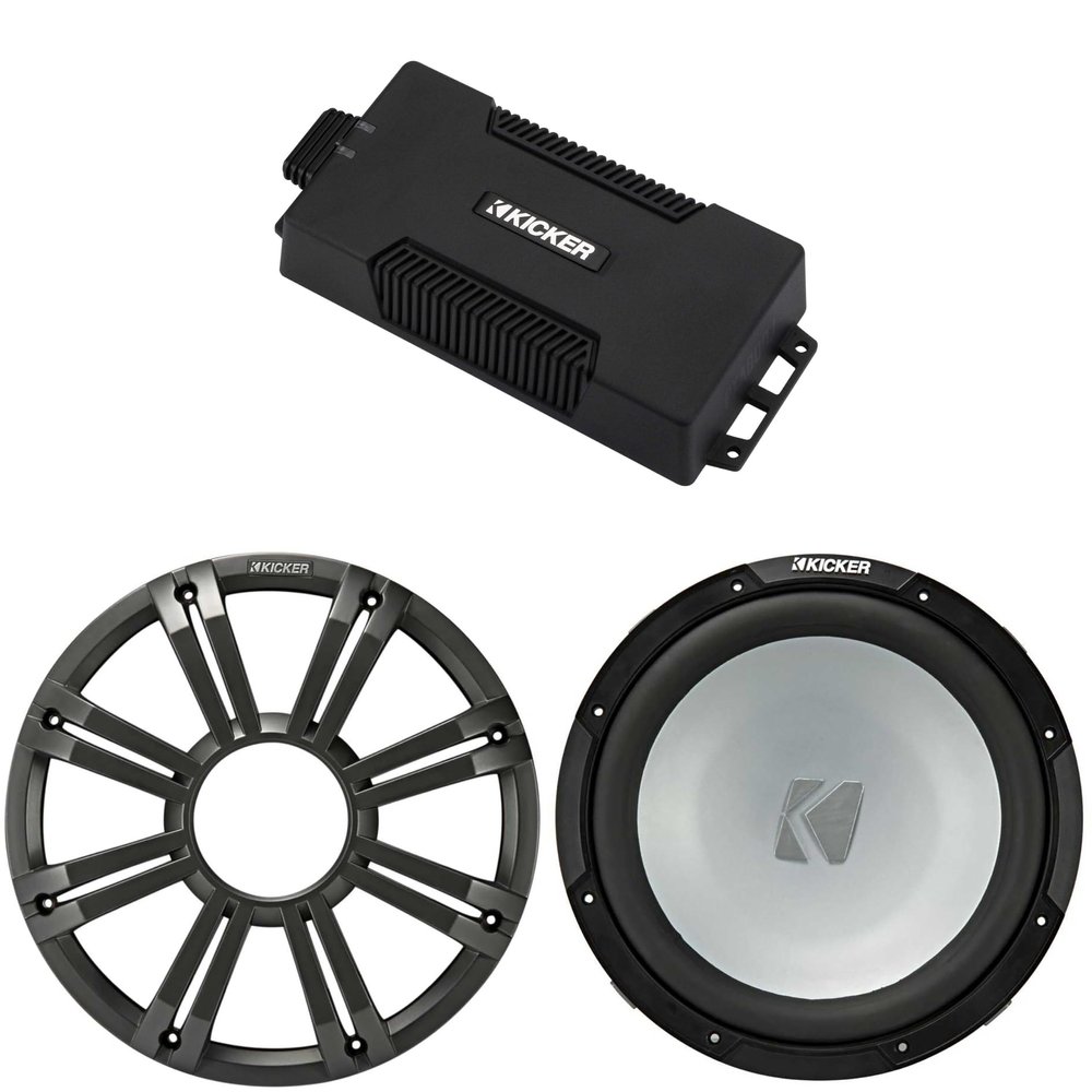 Kicker 48PXA6001 Weatherproof Powersport Mono Amp & 12" 2 Ohm Free-Air Marine Subwoofer (Charcoal Grill)