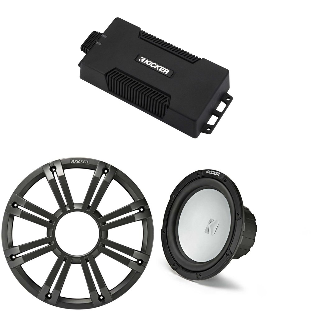 Kicker 48PXA6001 Weatherproof Powersport Mono Amp & 10" 2 Ohm Marine Subwoofer (Charcoal Grill)