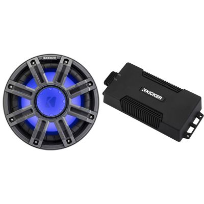Kicker 48PXA6001 Weatherproof Powersport Mono Amp & 10" 4 Ohm Premium Marine Free-Air Subwoofer (Charcoal Grill)