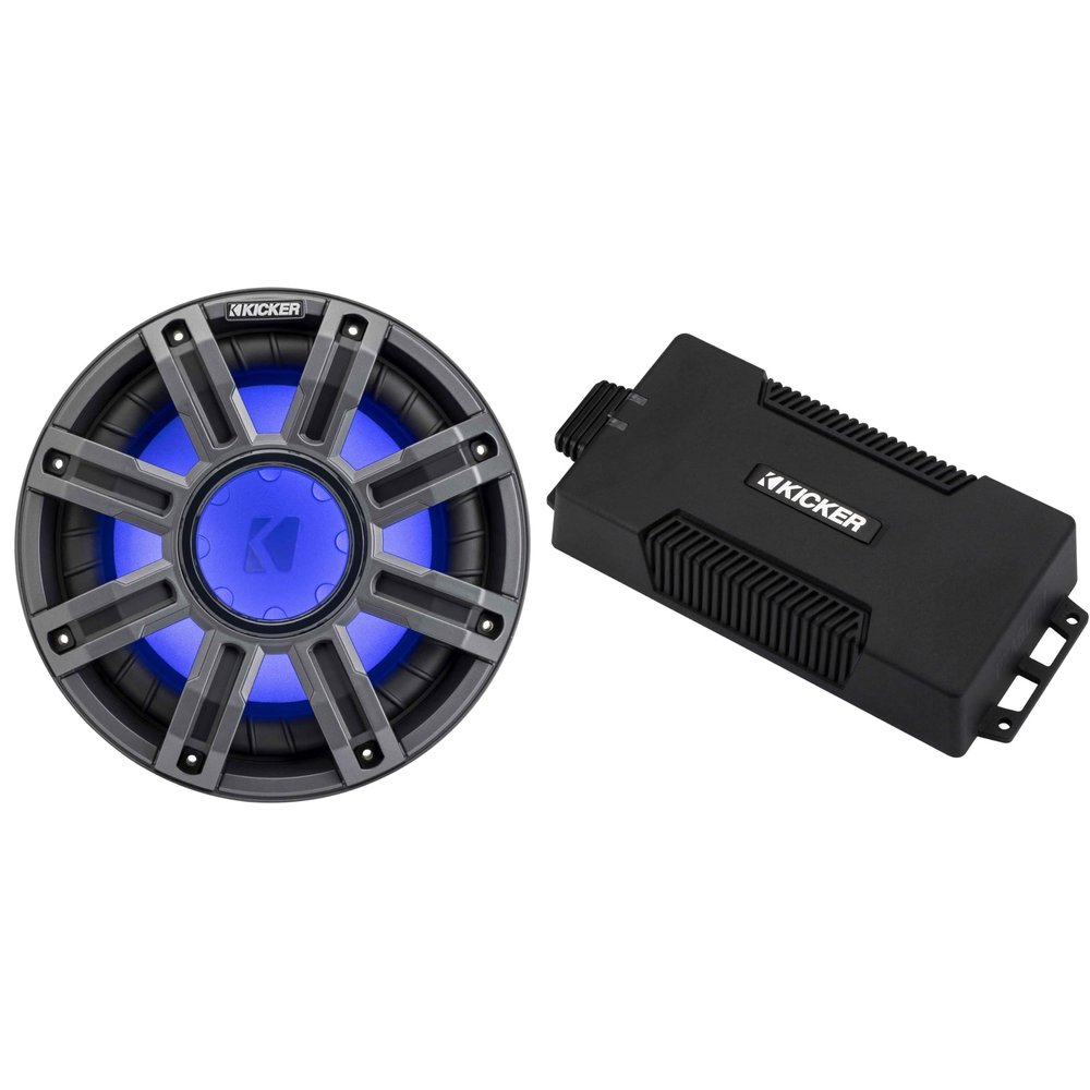 Kicker 48PXA6001 Weatherproof Powersport Mono Amp & 10" 4 Ohm Premium Marine Free-Air Subwoofer (Charcoal Grill)