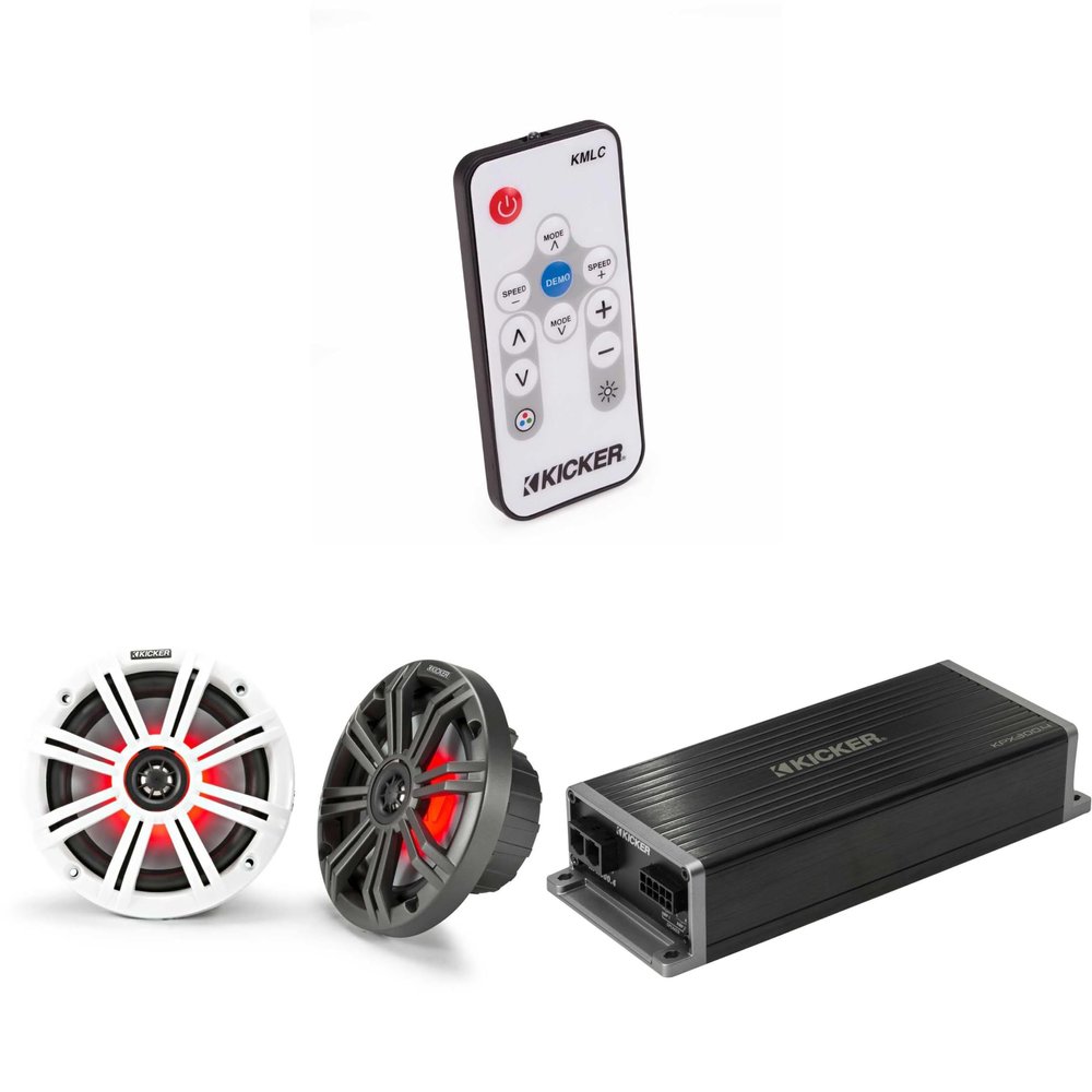 KICKER Marine KPX300.4 Powersports Amp & 6.5" Marine LED Speakers (Includes LED Remote)