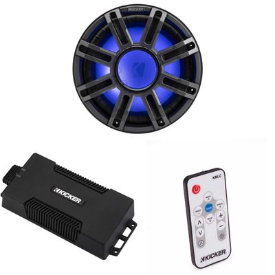 Kicker 48PXA6001 Weatherproof Powersport Mono Amp & 12" 4 Ohm Premium Marine Subwoofer (Charcoal Grill) Includes LED Remote