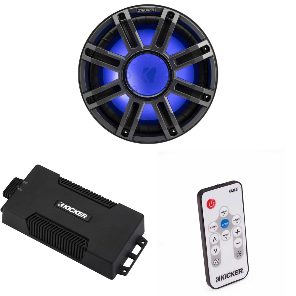 Kicker 48PXA6001 Weatherproof Powersport Mono Amp & 12" 4 Ohm Premium Marine Subwoofer (Charcoal Grill) Includes LED Remote