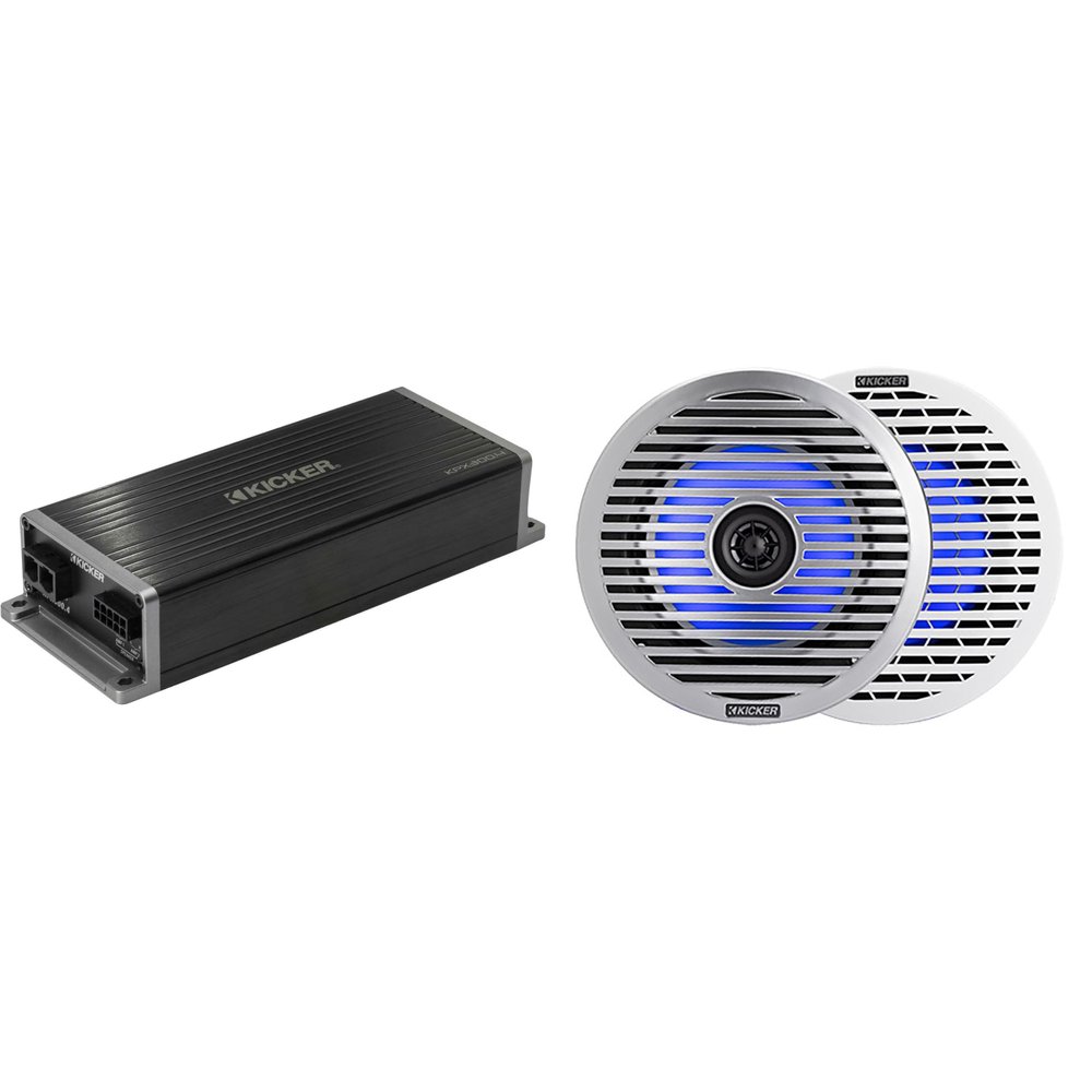 Kicker Marine KPX300.4 Powersports Amp & 6.5" Thin- Mount Marine LED Speakers