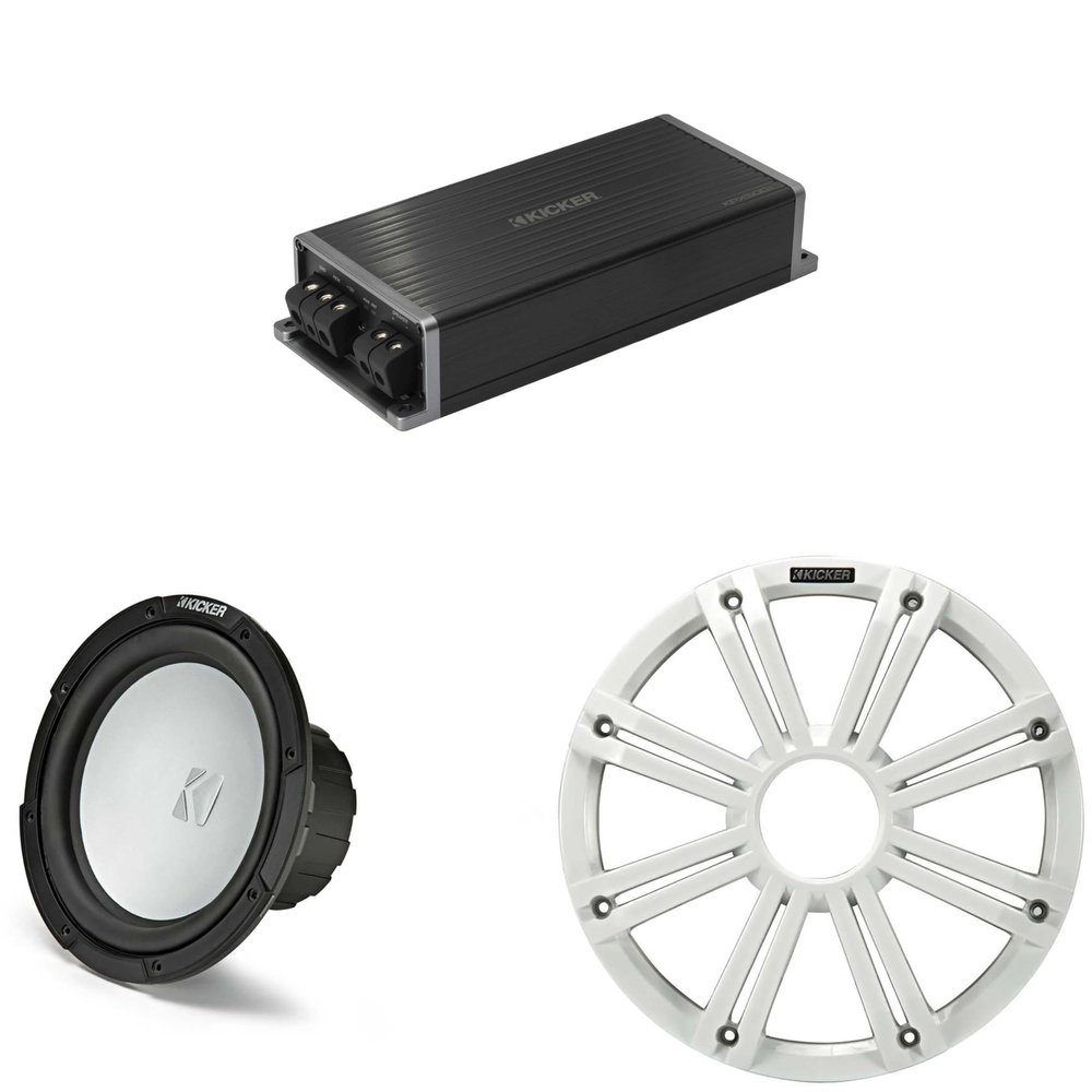 Kicker Marine KPX500.1 Powersports Amp & 10" Free Air 2 Ohm (White Grill) Subwoofer Audio Upgrade