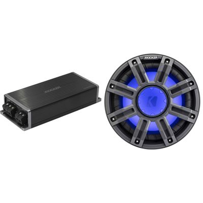 Kicker Marine KPX500.1 Powersports Amp & 10" 4 Ohm Premium Marine Free-Air Subwoofer (Charcoal Grill)