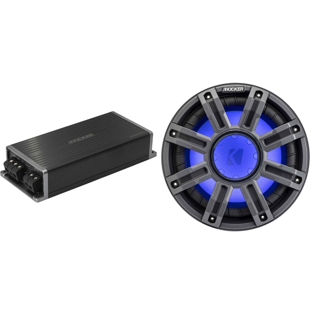 Kicker Marine KPX500.1 Powersports Amp & 10" 4 Ohm Premium Marine Free-Air Subwoofer (Charcoal Grill)