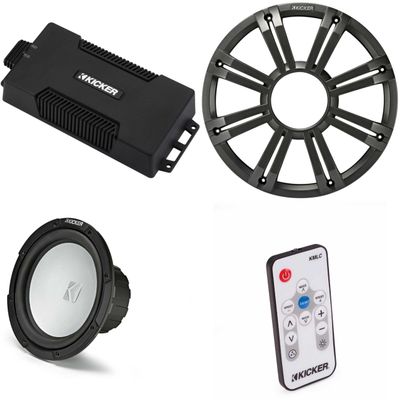 Kicker 48PXA6001 Weatherproof Powersport Mono Amp & 10" 2 Ohm Marine Subwoofer (Charcoal Grill) Includes LED Remote