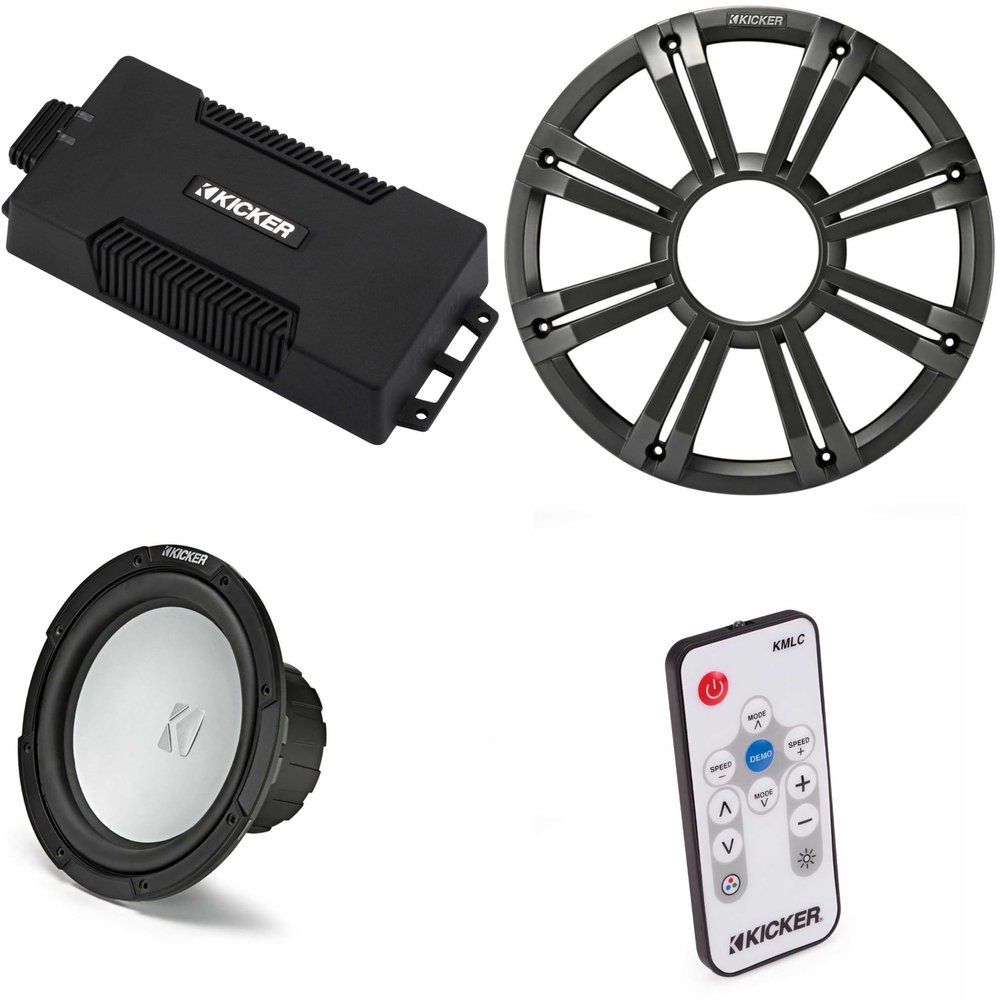 Kicker 48PXA6001 Weatherproof Powersport Mono Amp & 10" 2 Ohm Marine Subwoofer (Charcoal Grill) Includes LED Remote