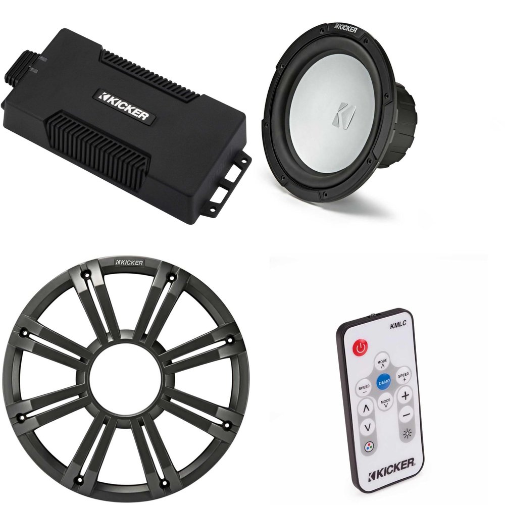 Kicker 48PXA6001 Weatherproof Powersport Mono Amp & 10" 4 Ohm Marine Subwoofer (Charcoal Grill) Includes LED Remote