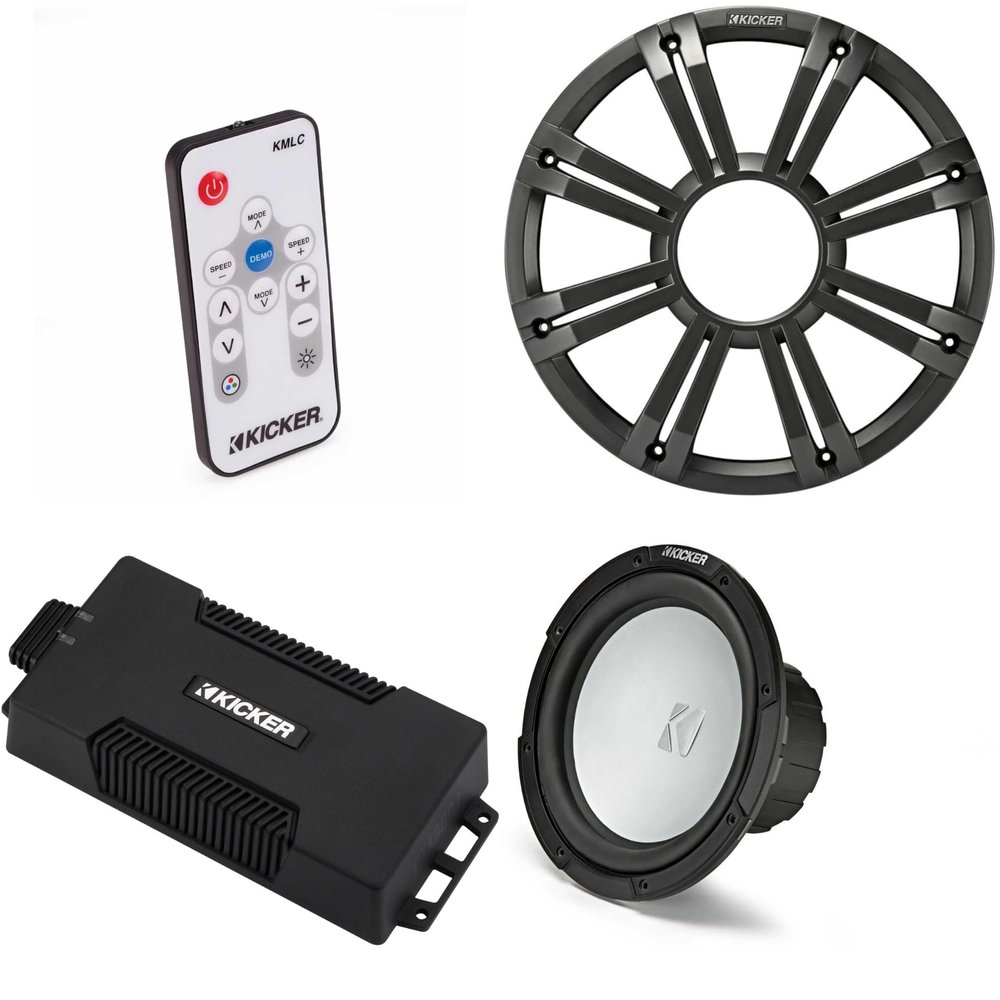 Kicker 48PXA6001 Mono Amp 10" 4 Ohm Marine Subwoofer Bundle - Charcoal LED