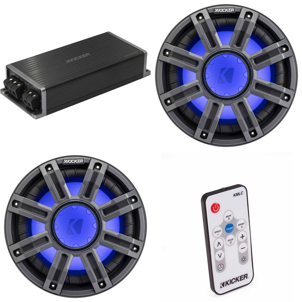 Kicker Marine KPX500.1 Powersports Amp & (2) 10" 4 Ohm Premium Marine Subwoofer (Charcoal Grill) Includes LED Remote