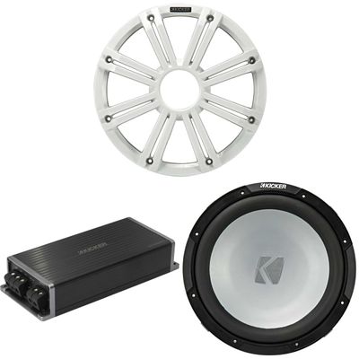 Kicker Marine KPX500.1 Powersports Amp & 12" 4 Ohm (White Grill) Subwoofer Audio Upgrade