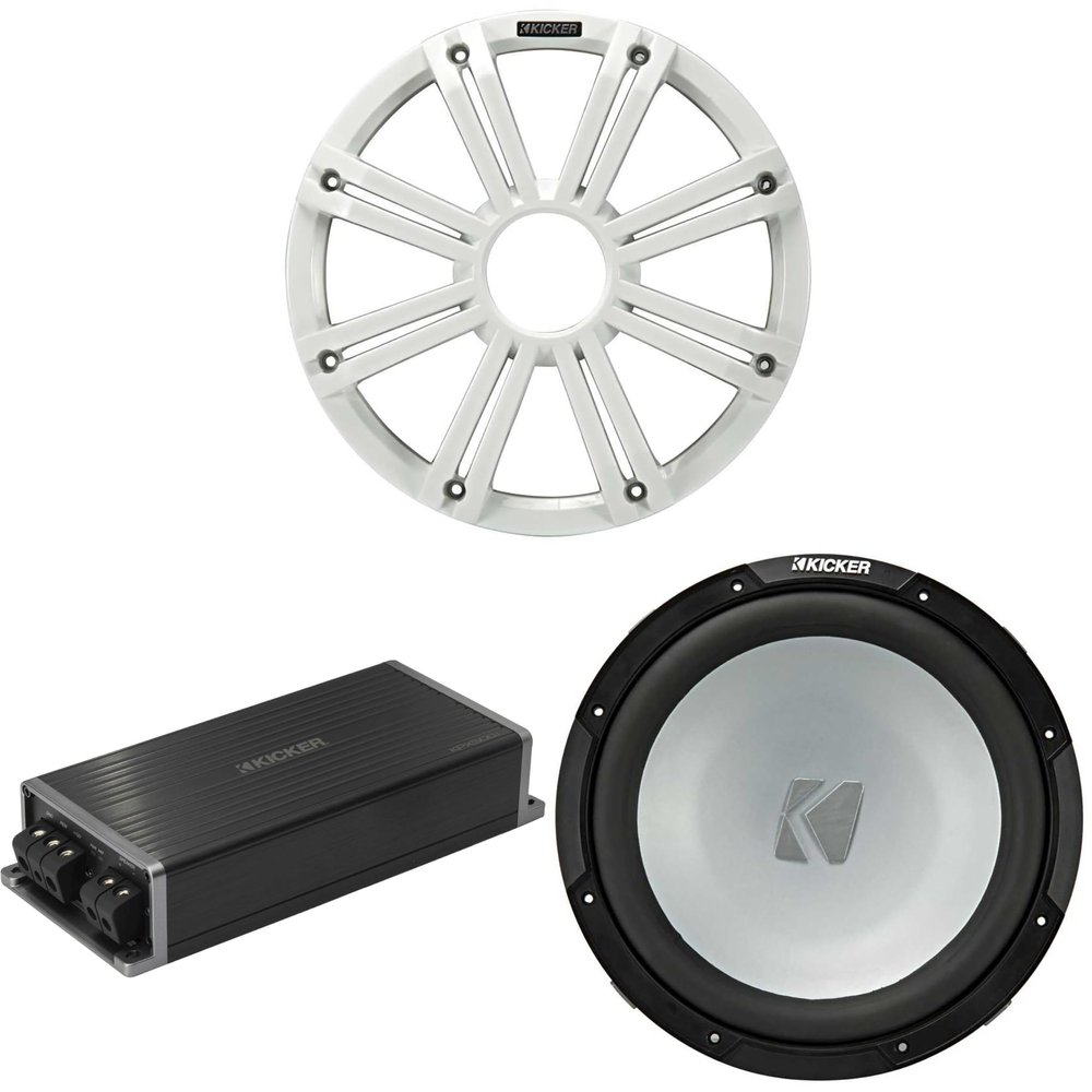 Kicker Marine KPX500.1 Powersports Amp & 12" 4 Ohm (White Grill) Subwoofer Audio Upgrade