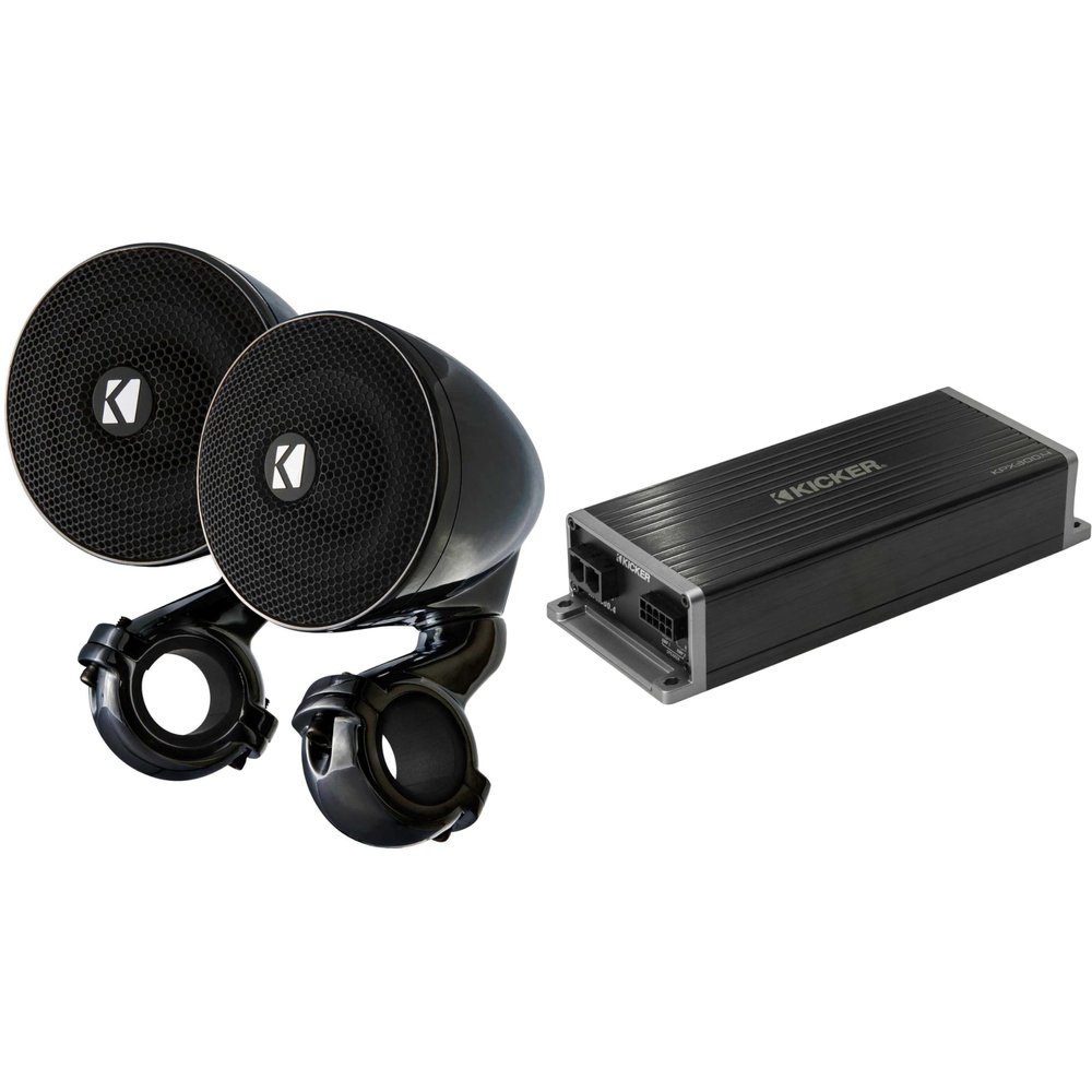 KICKER Marine KPX300.4 Powersports & Motorcycle Amp & 3" Black Enclosed Speakers (4 Ohm)